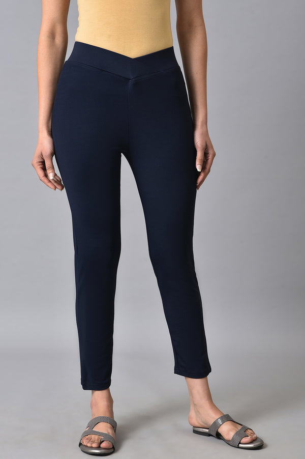 Elleven Women's Navy Blue Solid Skinny Fit Tights With Extra Stretch