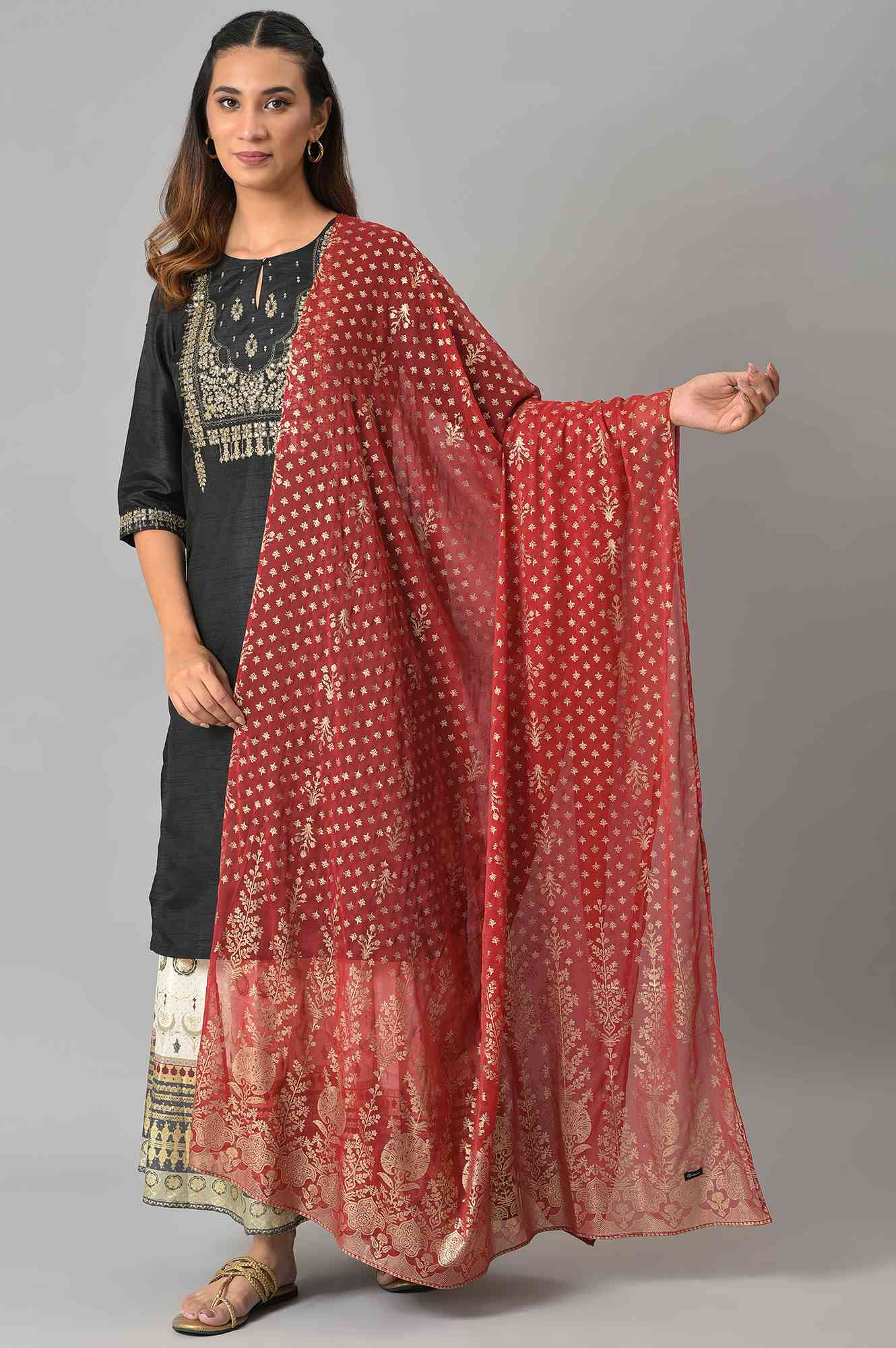 Maroon Silver Chiffon Printed Dupatta