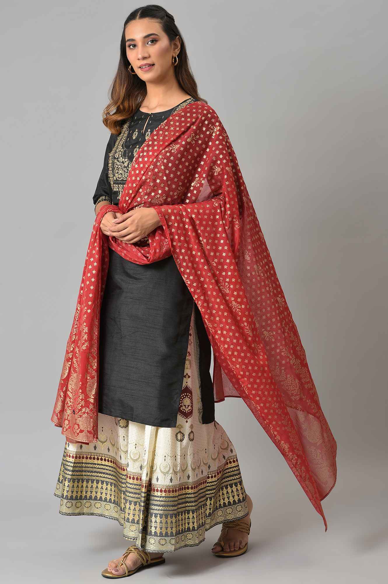 Maroon Silver Chiffon Printed Dupatta