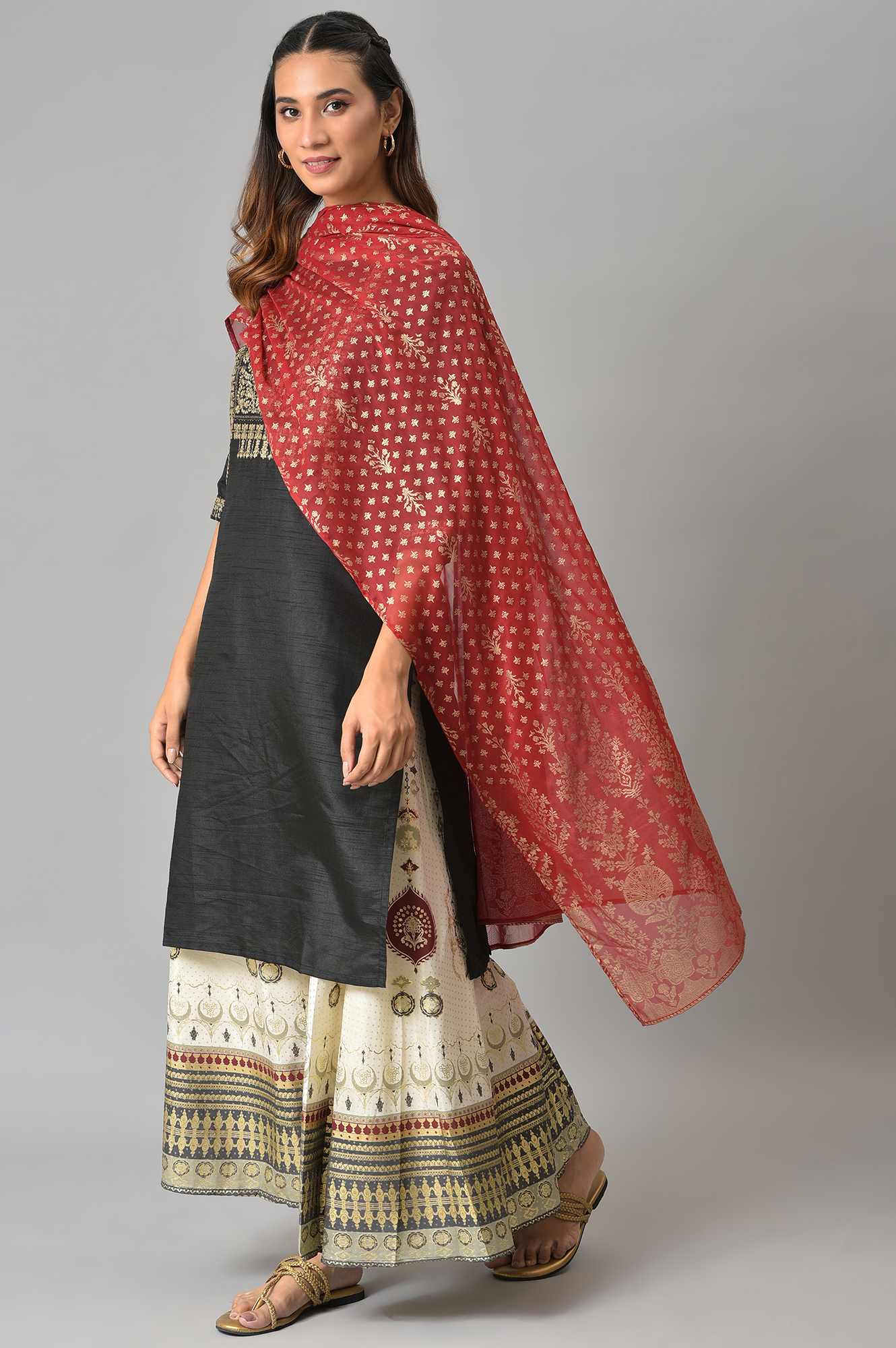 Maroon Silver Chiffon Printed Dupatta