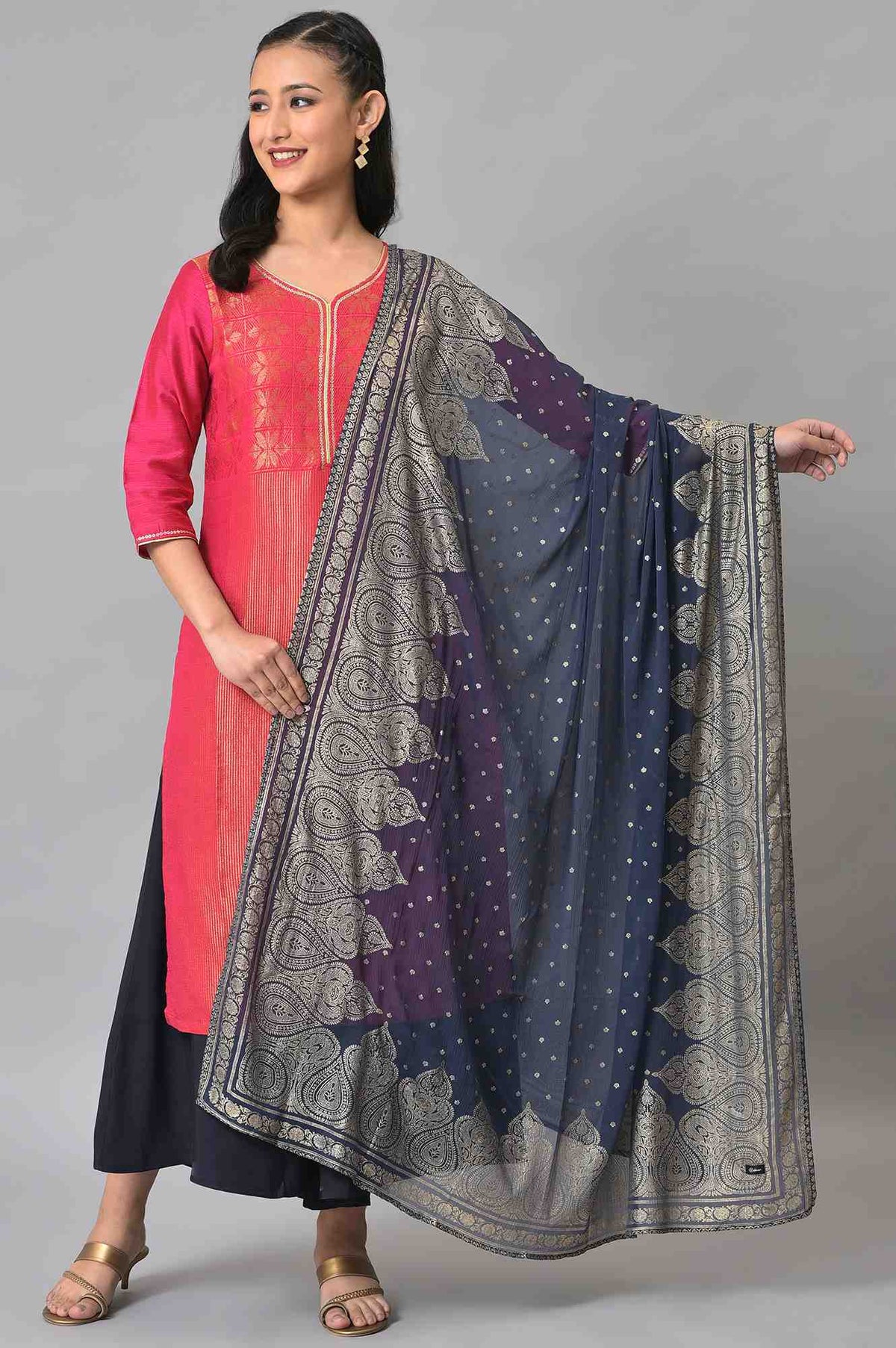 Elleven Women's Navy Silver Chiffon Printed Dupatta - FS
