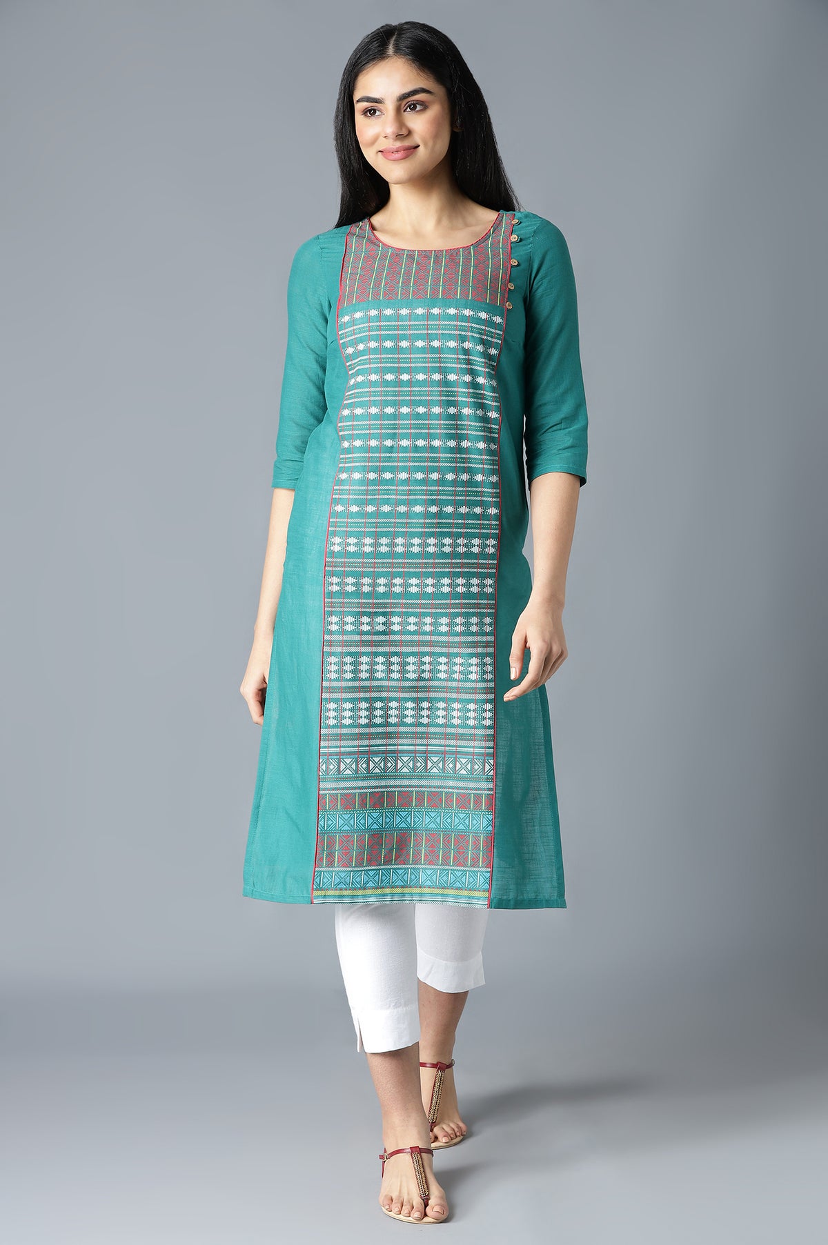 Green Printed Ethnic kurta in Square Round Neck - XS
