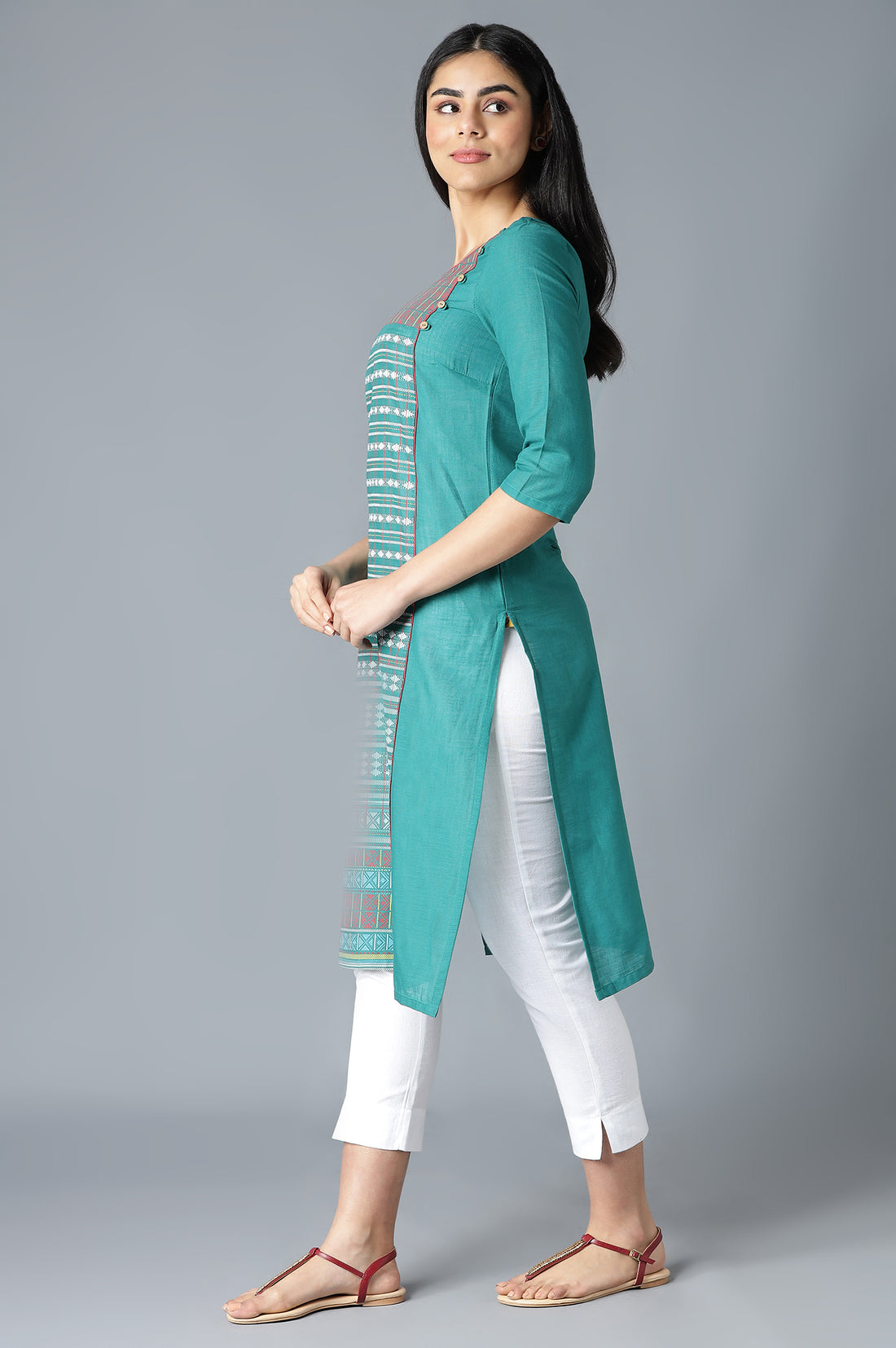 Green Printed Ethnic kurta in Square Round Neck