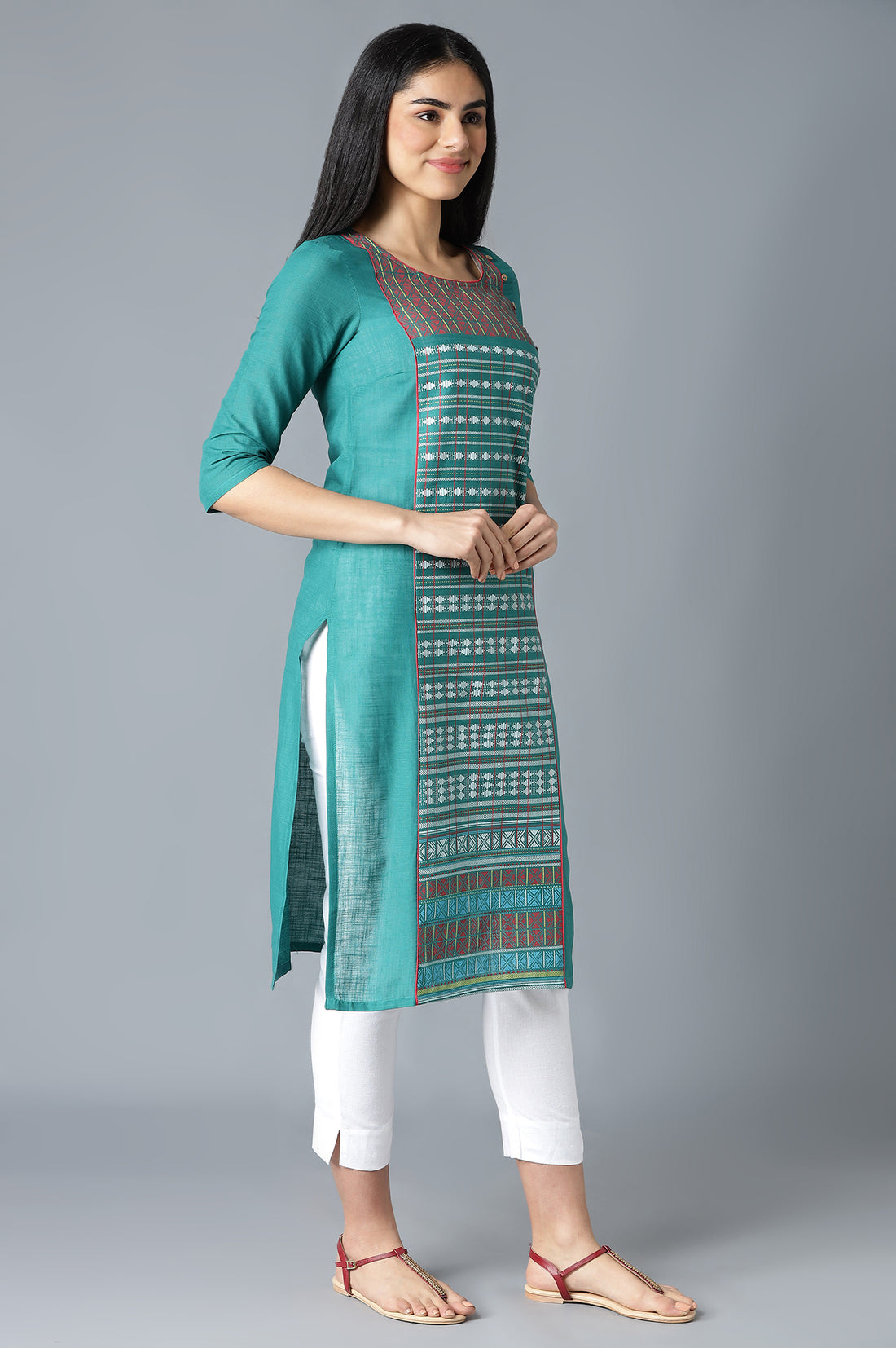 Green Printed Ethnic kurta in Square Round Neck