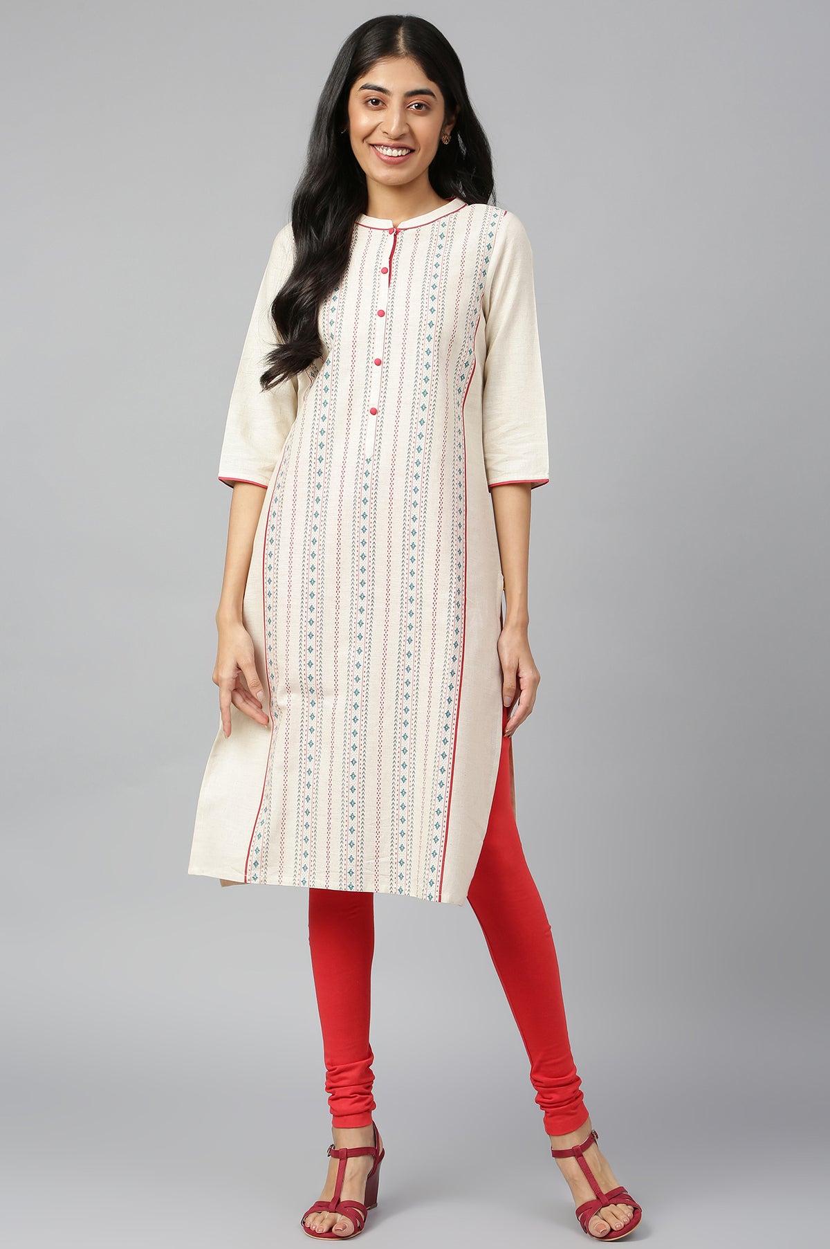 Ecru Band Collar Straight kurta - XS