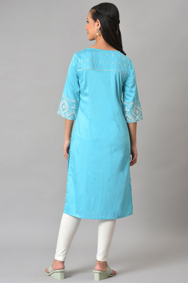 Blue Straight Casual kurta in Round Neck