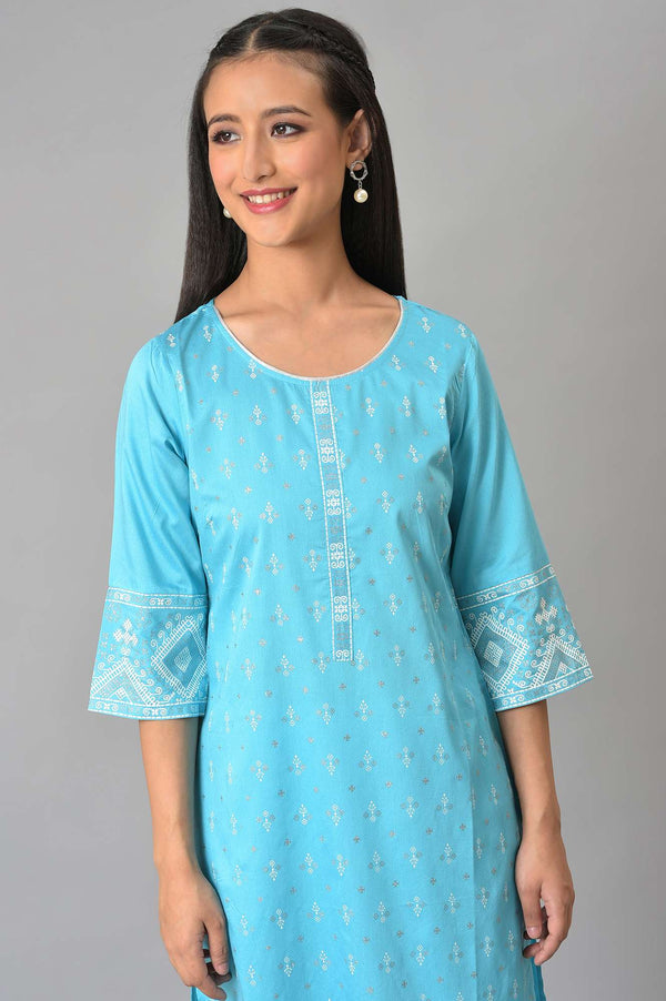 Blue Straight Casual kurta in Round Neck