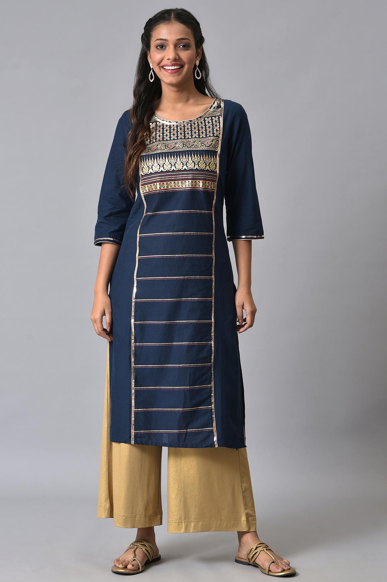 Navy Blue Straight Geometric kurta in Round Neck