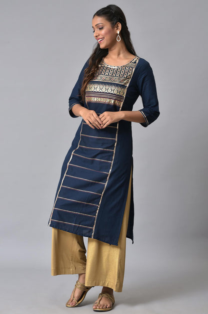 Navy Blue Straight Geometric kurta in Round Neck