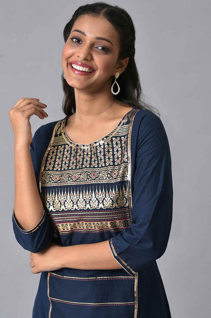 Navy Blue Straight Geometric kurta in Round Neck