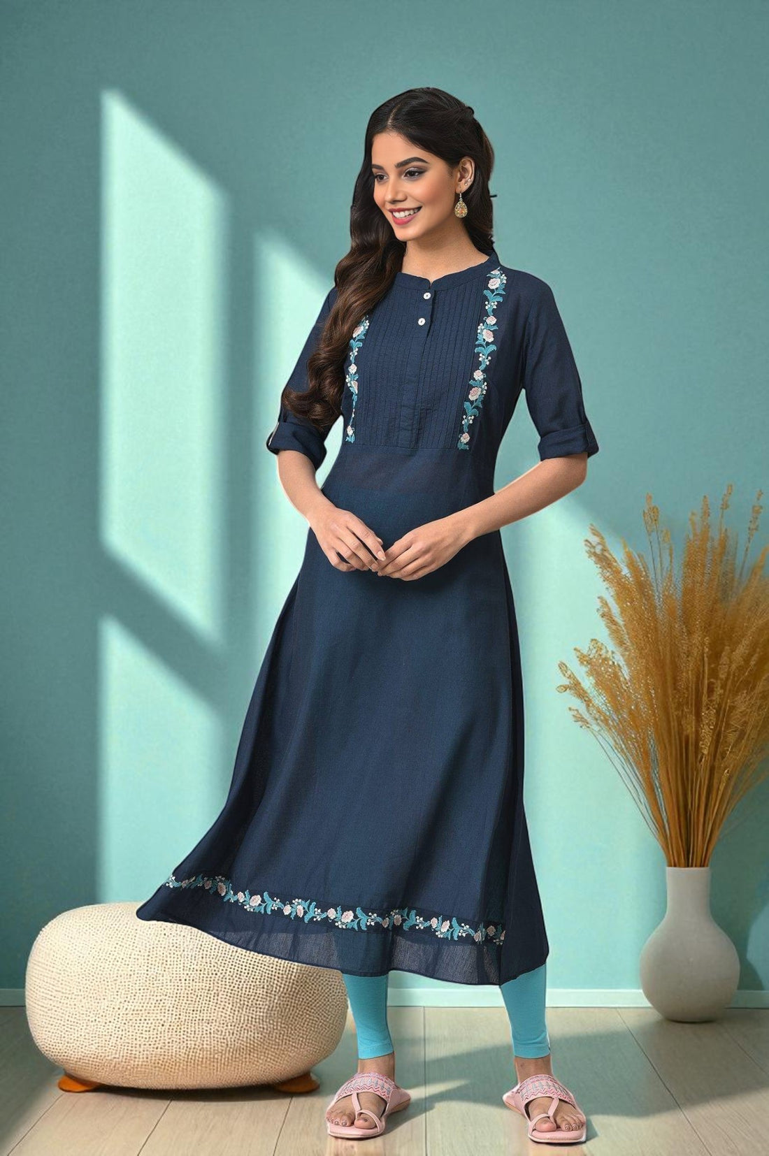 Navy Blue A-line Solid kurta in Band Collar