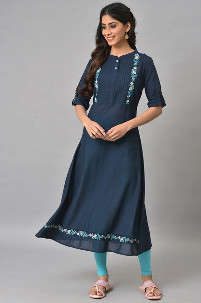 Navy Blue A-line Solid kurta in Band Collar