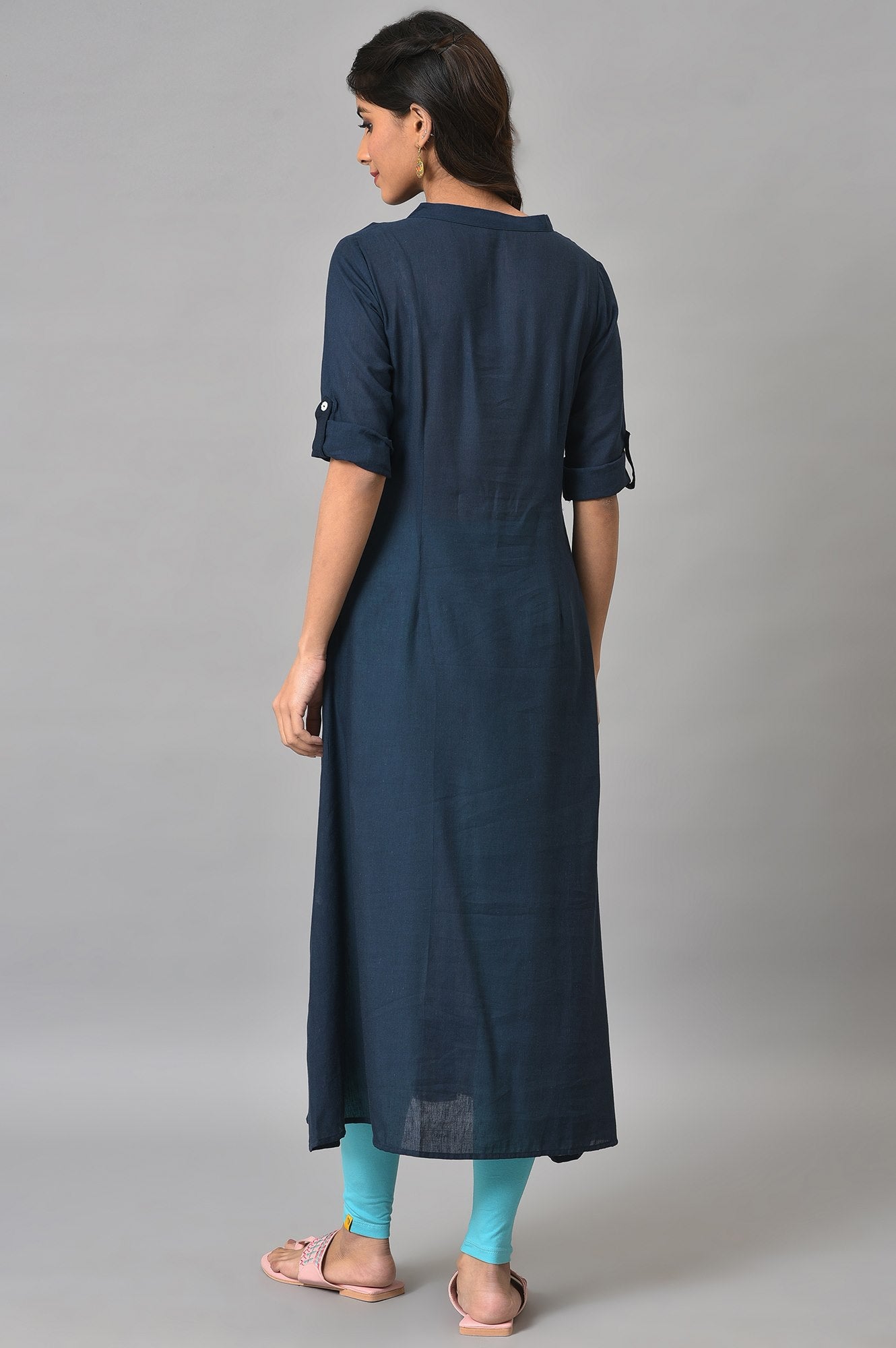 Navy Blue A-line Solid kurta in Band Collar