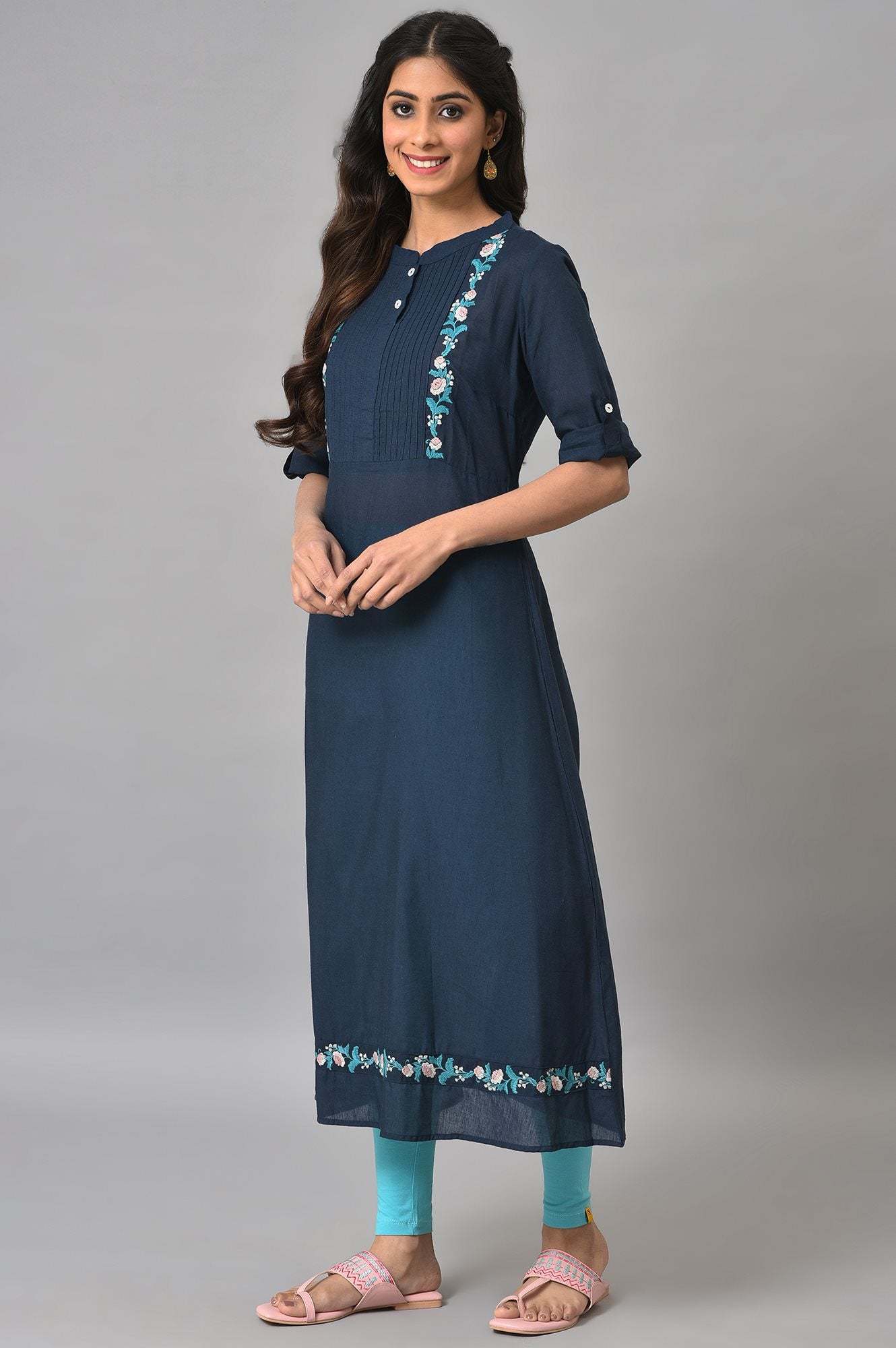 Navy Blue A-line Solid kurta in Band Collar