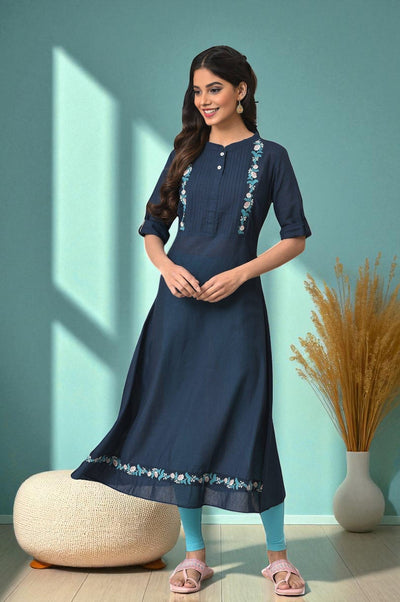 Navy Blue A-line Solid kurta in Band Collar