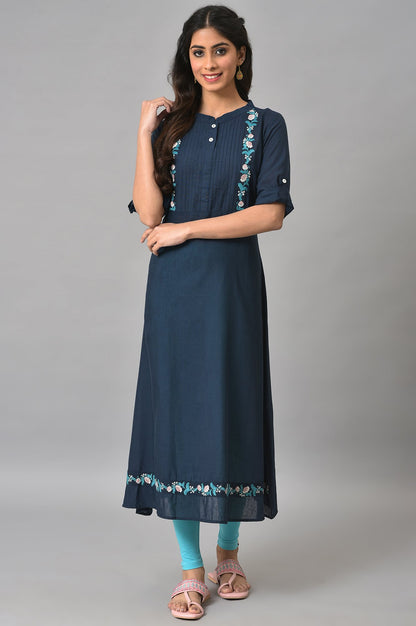 Navy Blue A-line Solid kurta in Band Collar