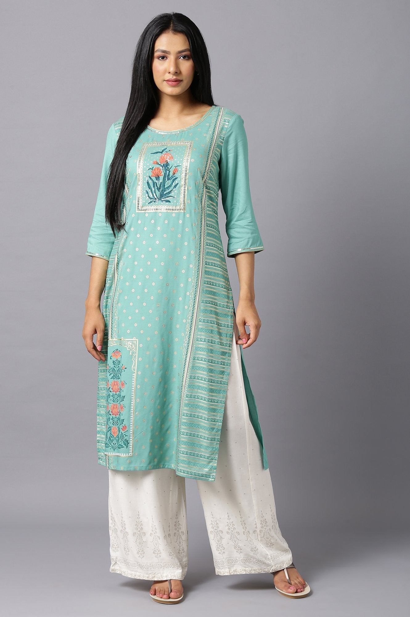 Green Thread Embroidered kurta in Mughal Print