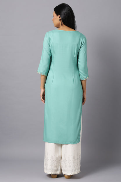 Green Thread Embroidered kurta in Mughal Print