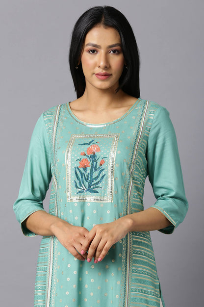 Green Thread Embroidered kurta in Mughal Print