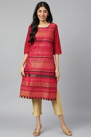 Dark Pink Jacquard kurta in Round Neck