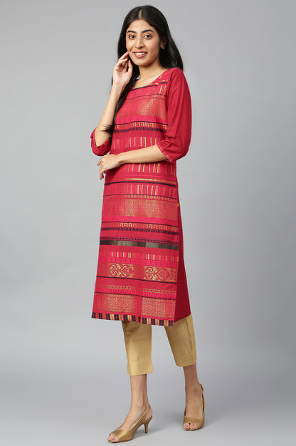 Dark Pink Jacquard kurta in Round Neck