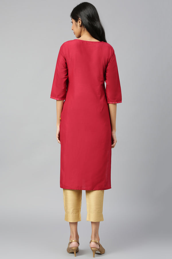 Dark Pink Jacquard kurta in Round Neck