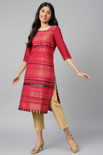 Dark Pink Jacquard kurta in Round Neck