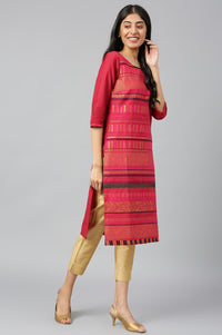 Dark Pink Jacquard kurta in Round Neck