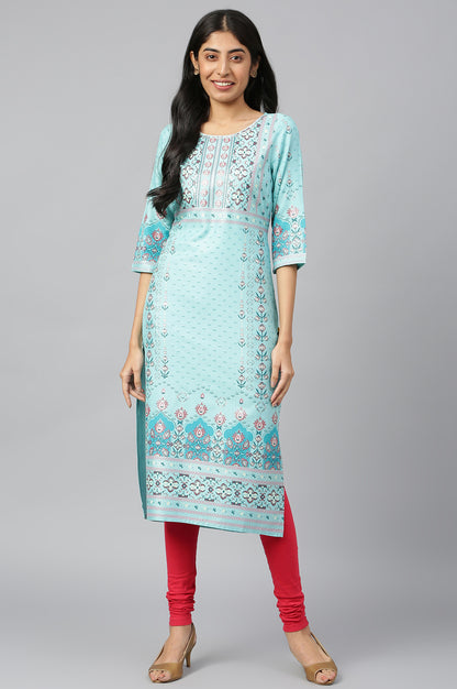 Light Blue Straight Floral Print kurta in Round neck