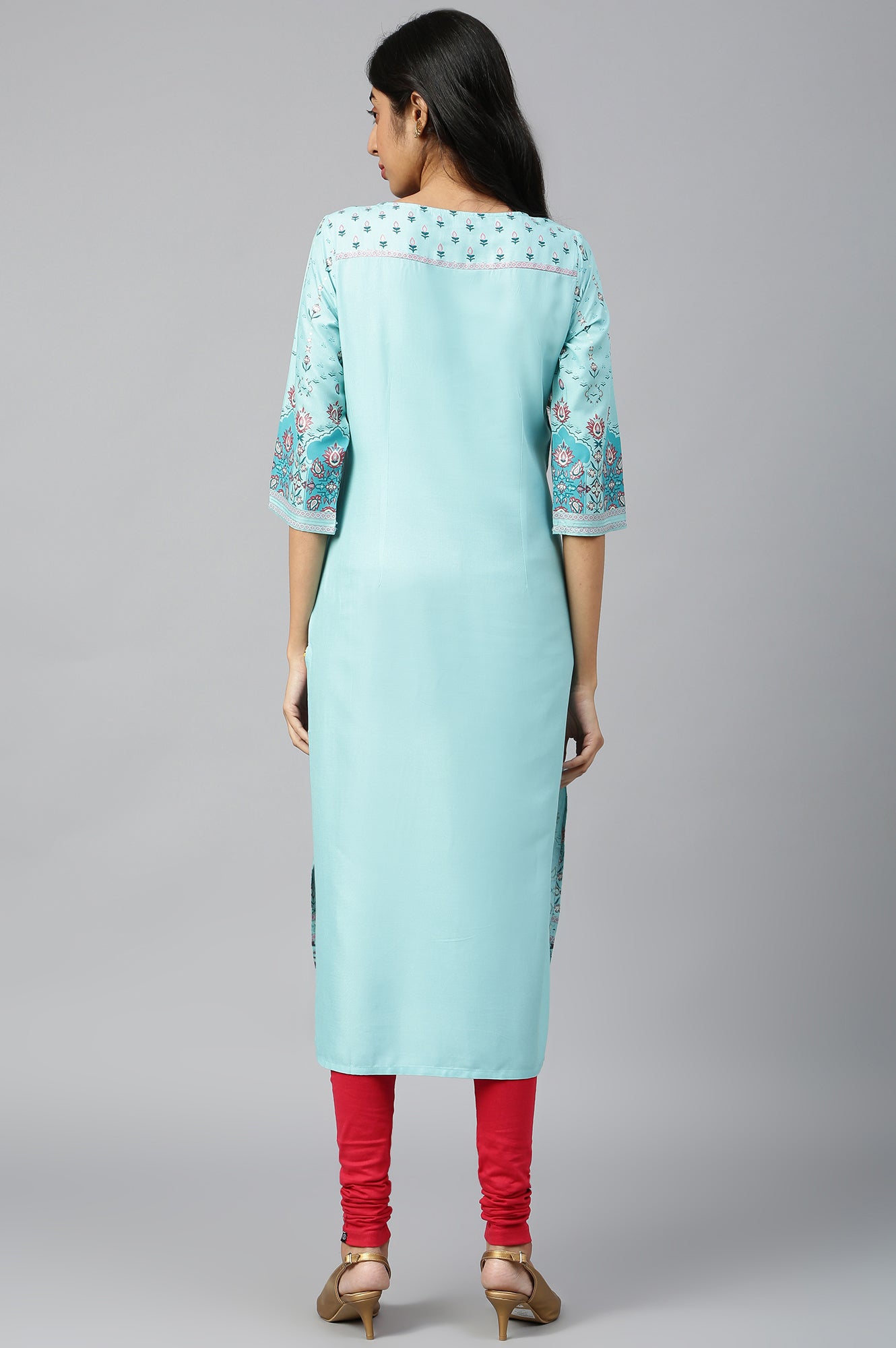 Light Blue Straight Floral Print kurta in Round neck