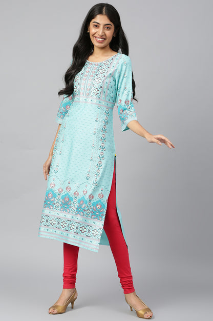 Light Blue Straight Floral Print kurta in Round neck