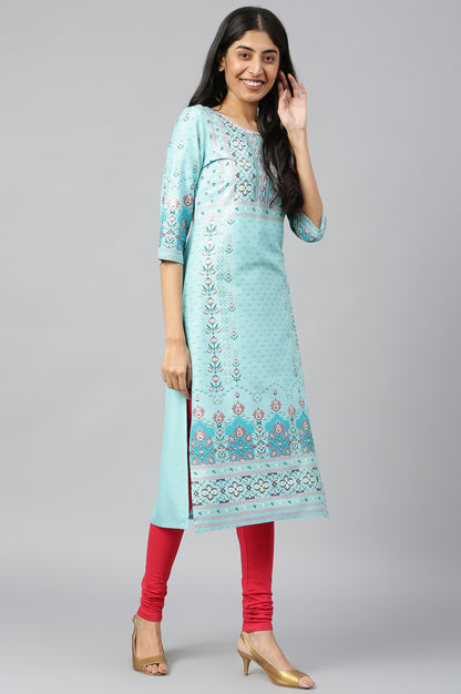 Light Blue Straight Floral Print kurta in Round neck