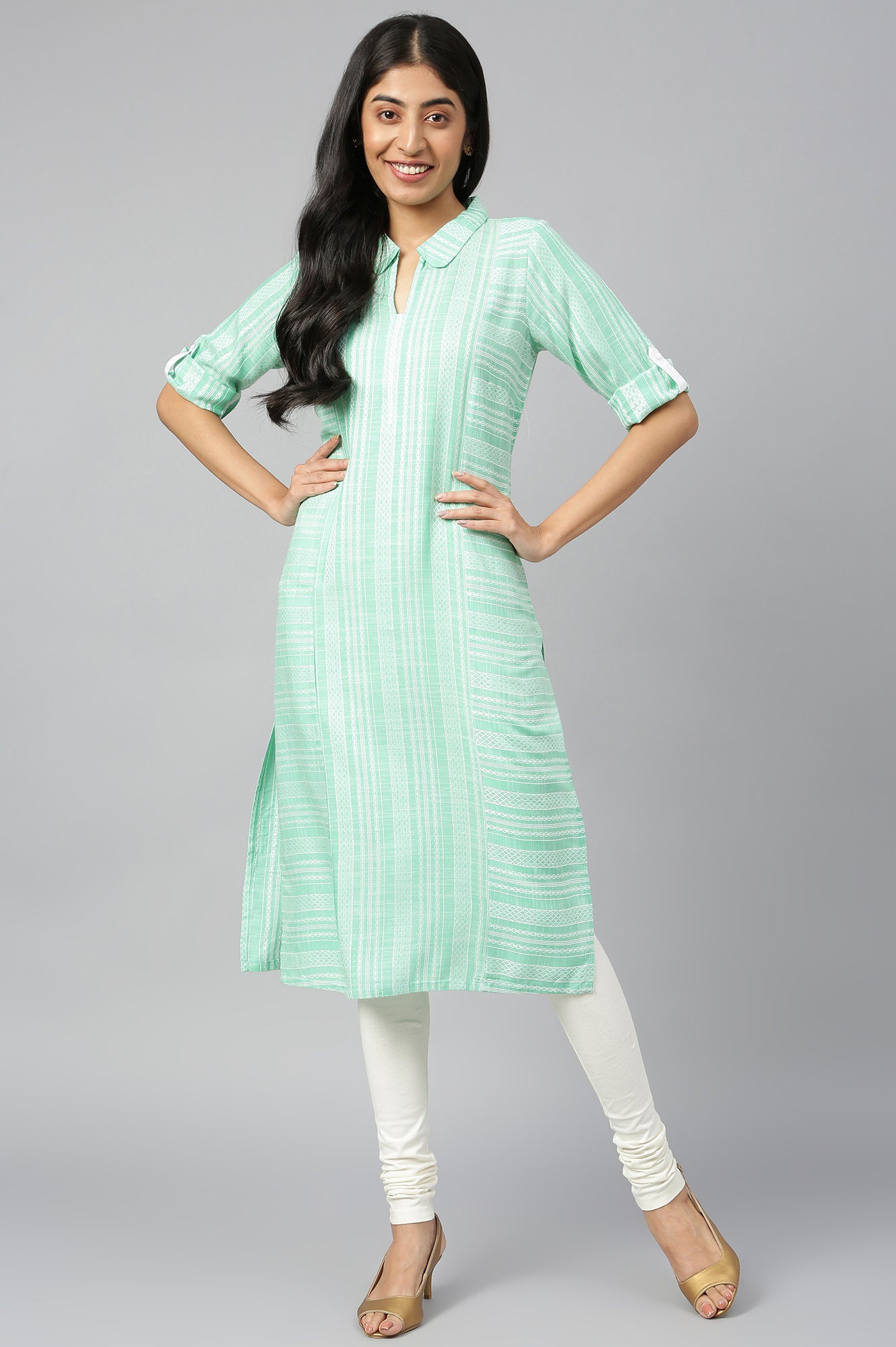 Green Ethnic Shirt Collar kurta in Geometric Print