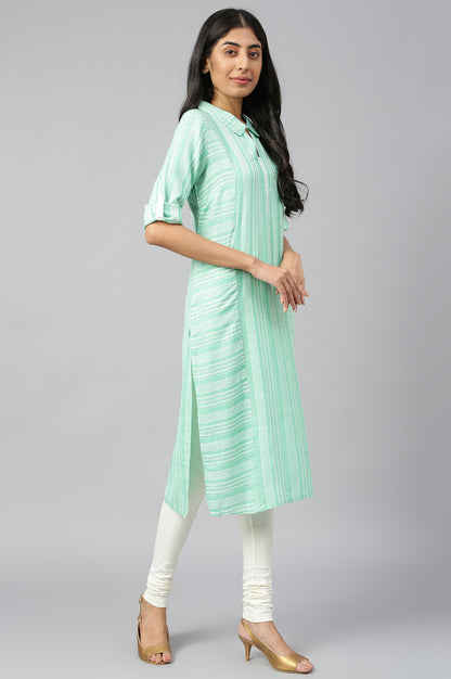 Green Ethnic Shirt Collar kurta in Geometric Print