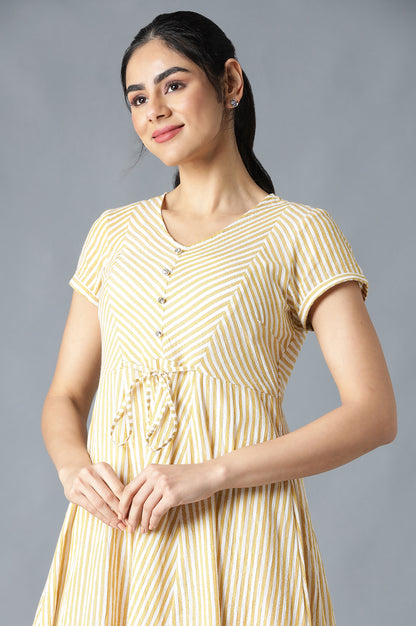 Custard Yellow Yarn-Dyed Printed Dress in V-neck