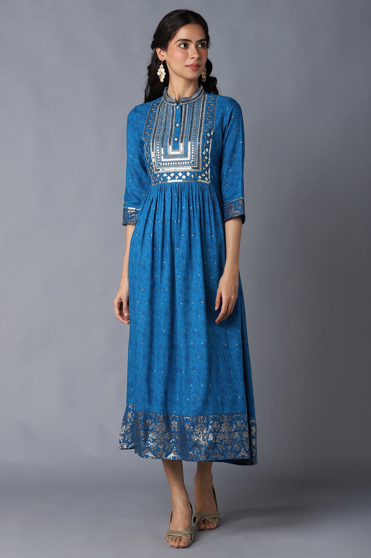 Blue Zari Embroidered Festive Dress - XS