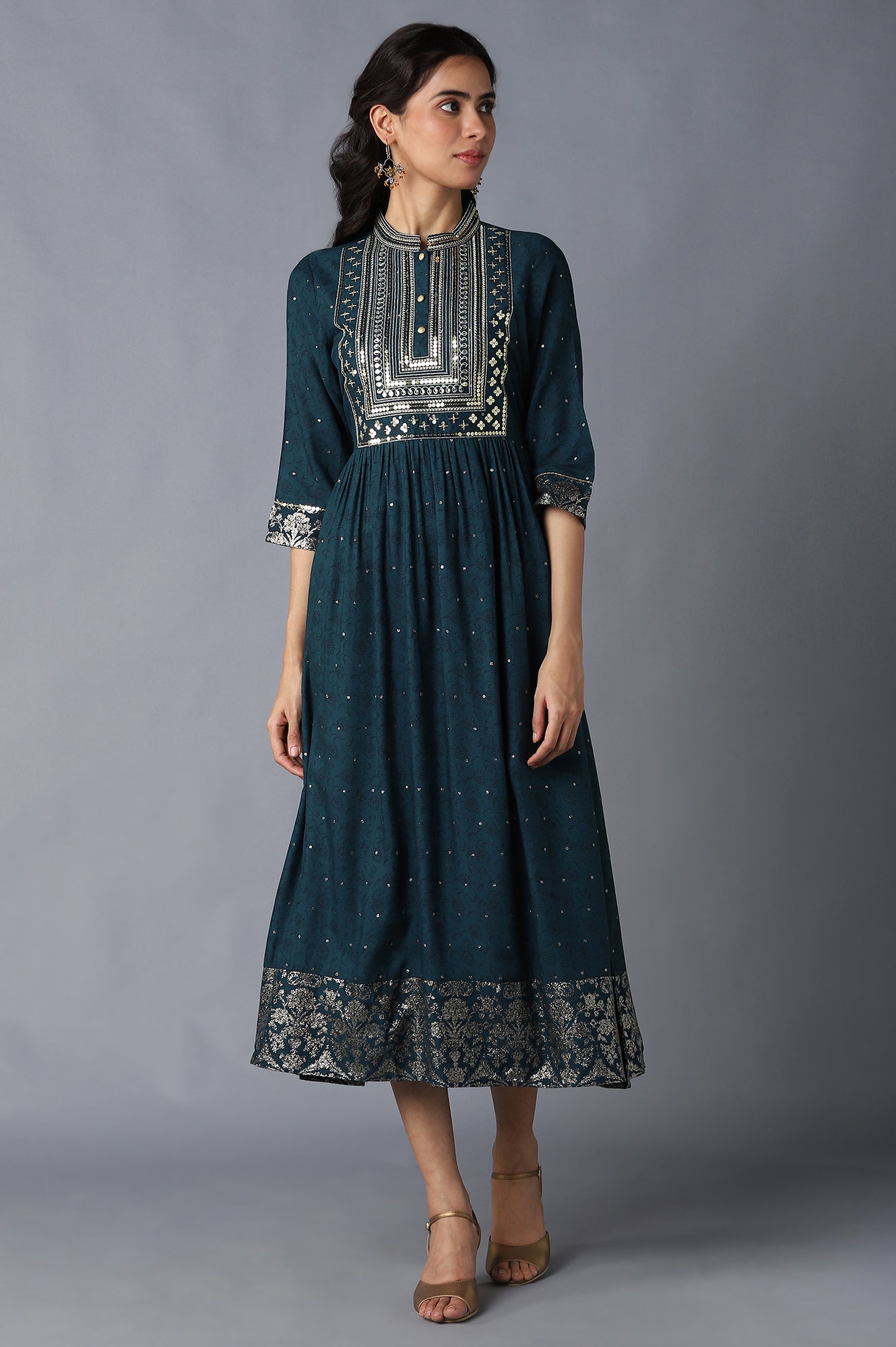 Dark Green Zari Embroidered Festive Dress