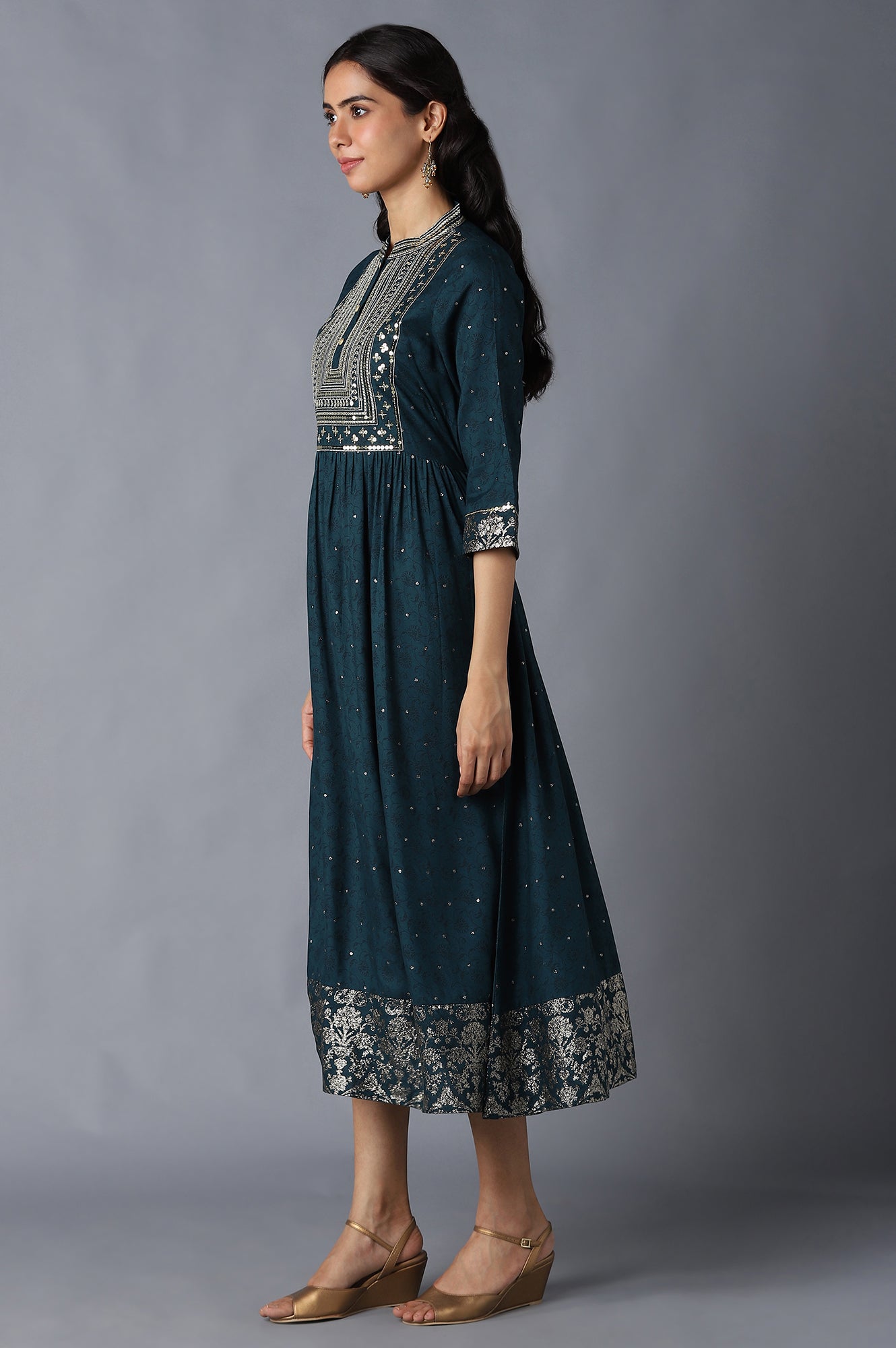 Dark Green Zari Embroidered Festive Dress