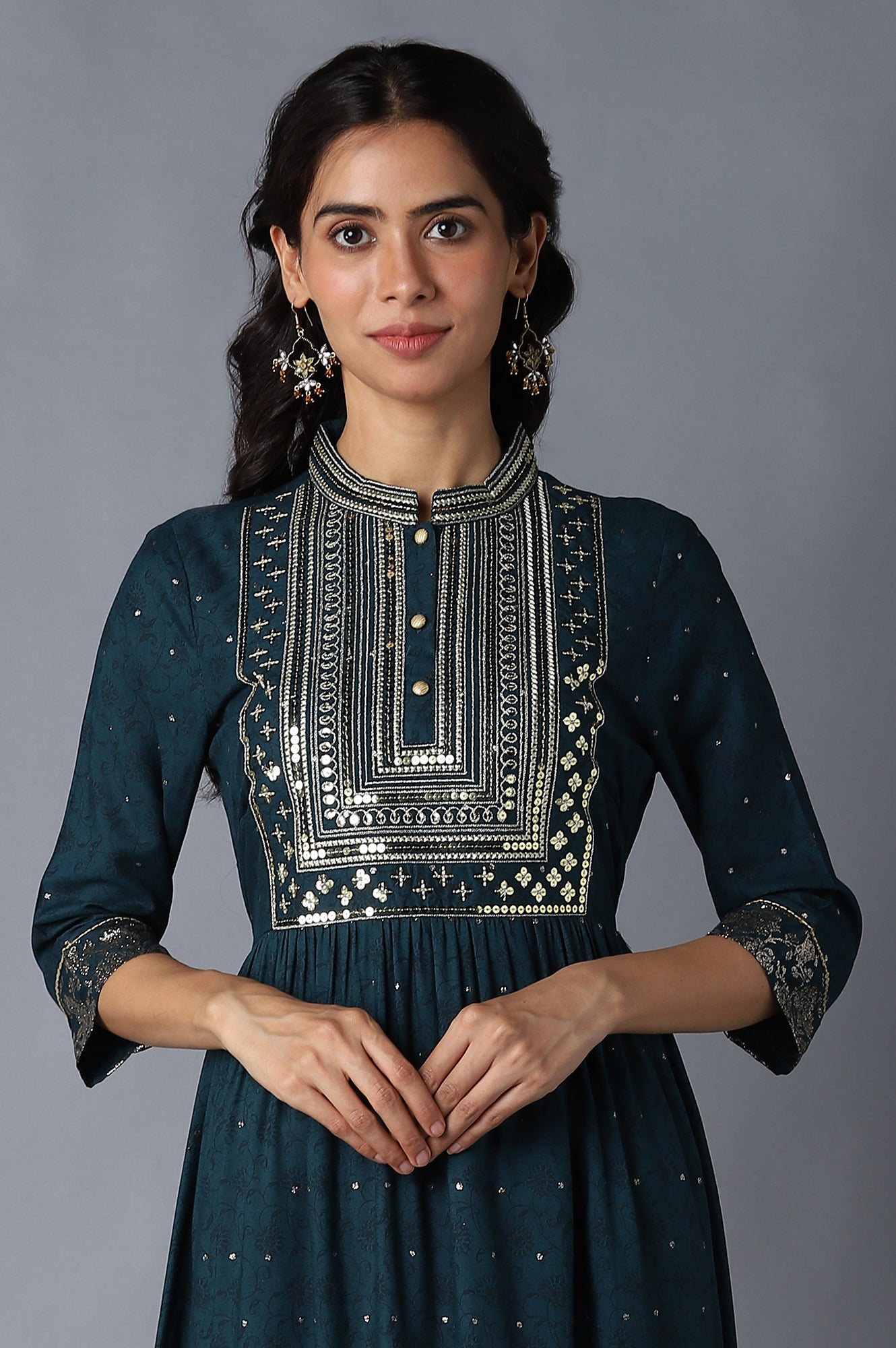 Dark Green Zari Embroidered Festive Dress