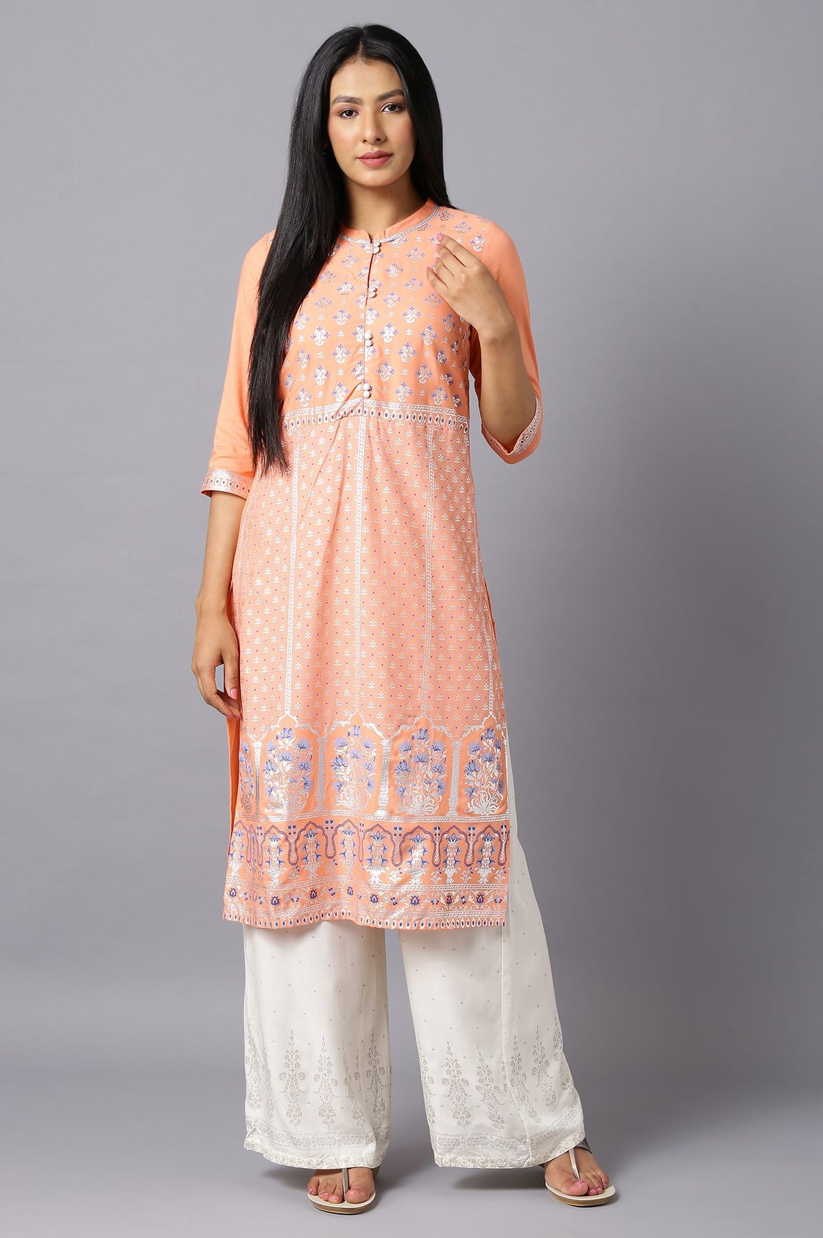Peach Mughal Printed kurta - XS