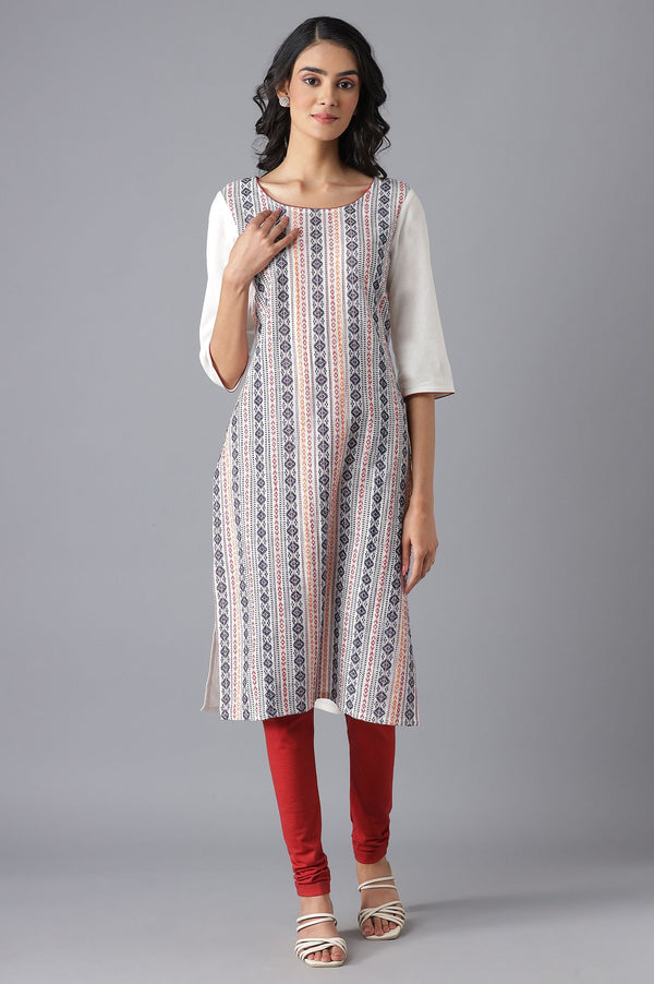 Aurelia White Geometric Printed Pure Cotton Straight Kurta