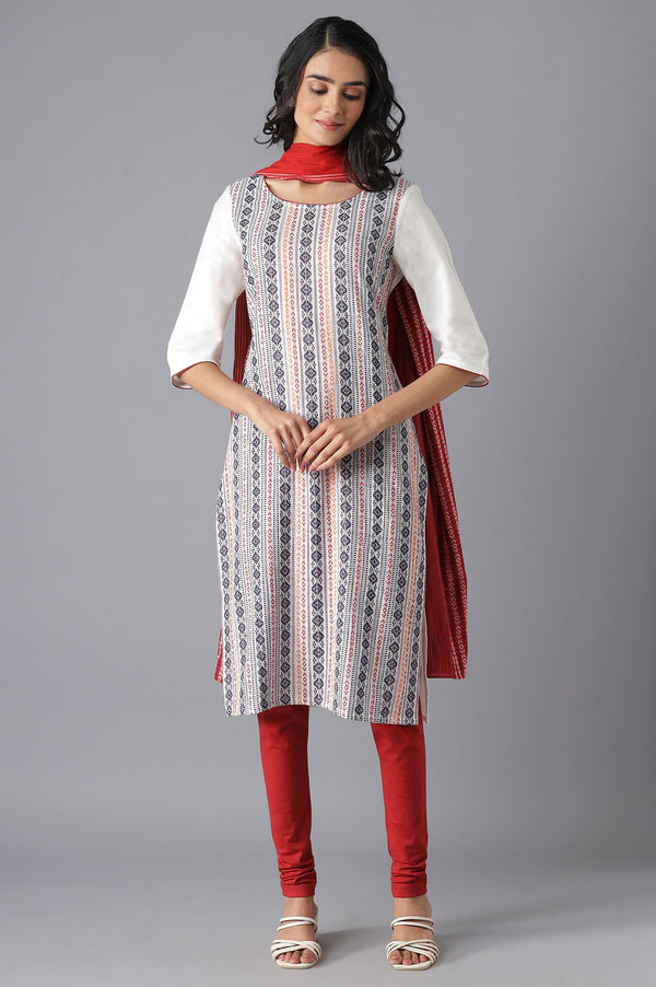 Aurelia White Geometric Printed Pure Cotton Straight Kurta