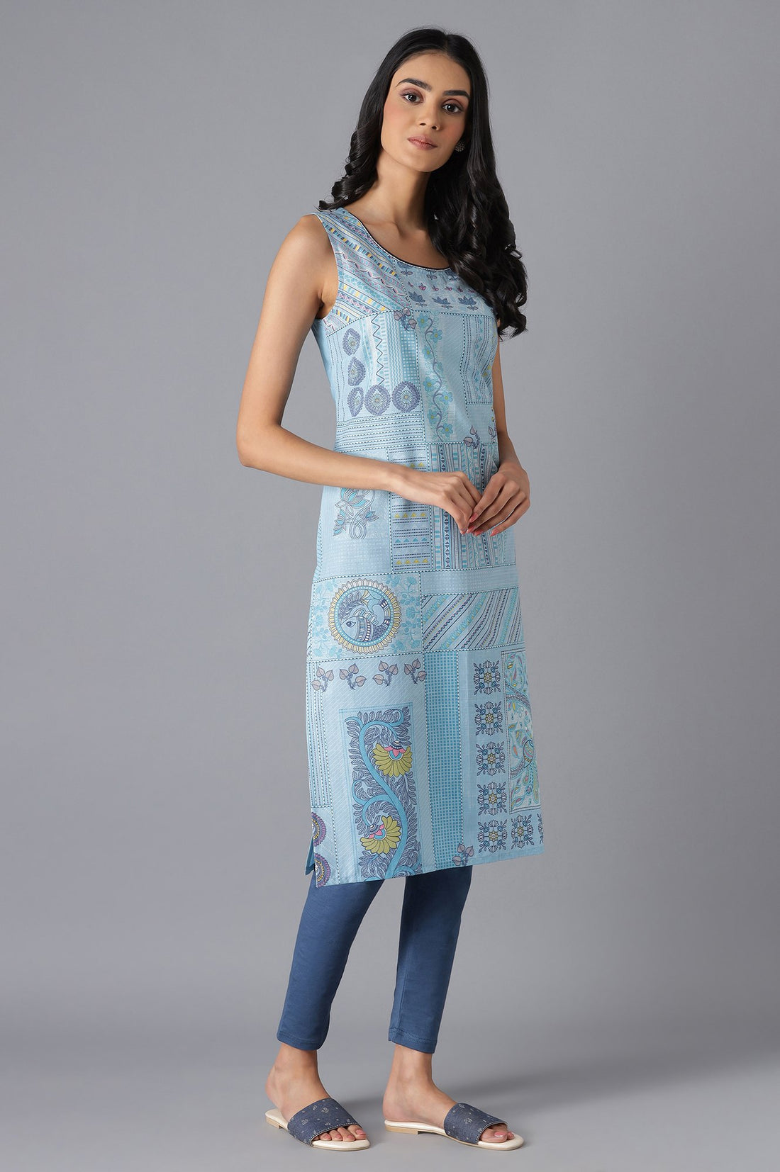 Blue Cotton Printed kurta