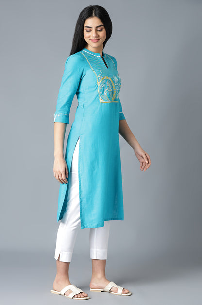 Blue Cotton Printed kurta