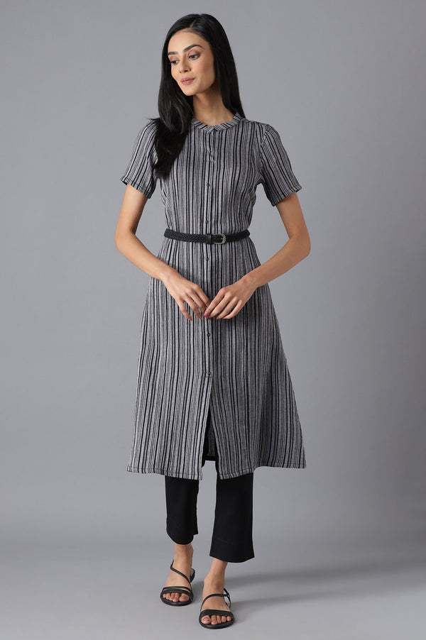 Grey and Black Striped Mandarin Collar A-line Kurta with Belt