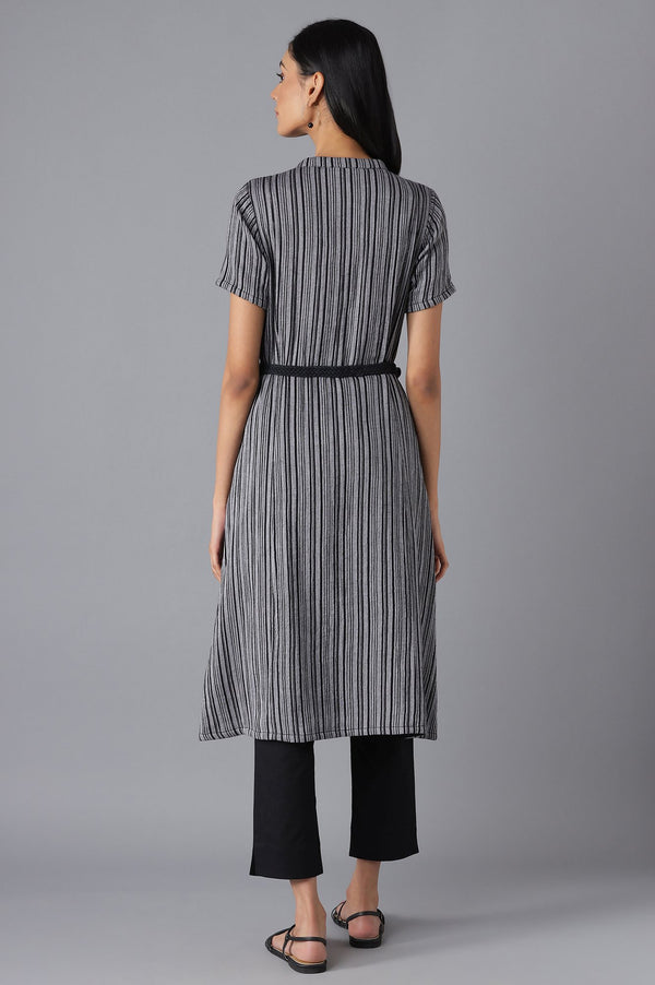 Grey and Black Striped Mandarin Collar A-line Kurta with Belt