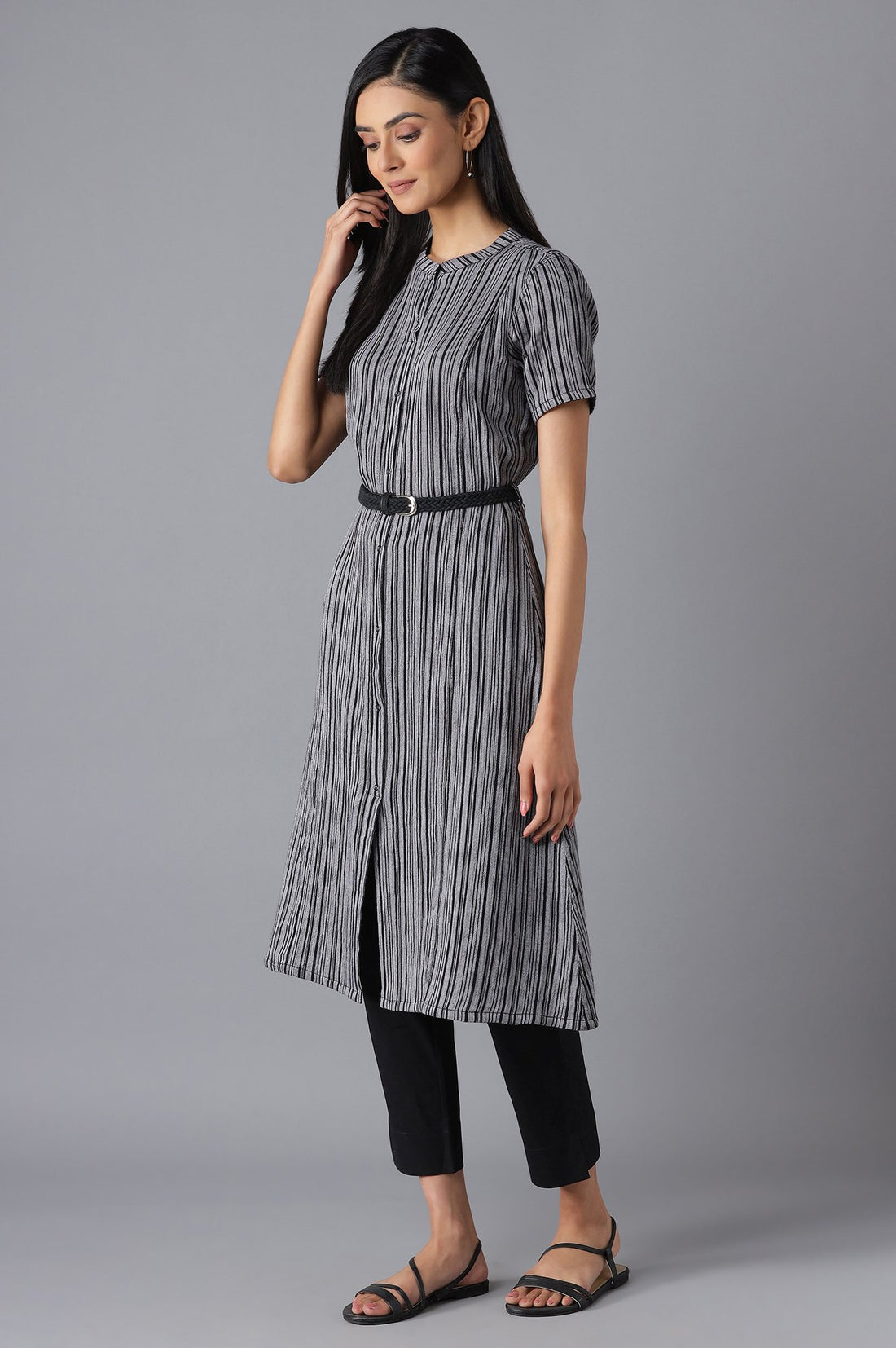 Grey and Black Striped Mandarin Collar A-line Kurta with Belt