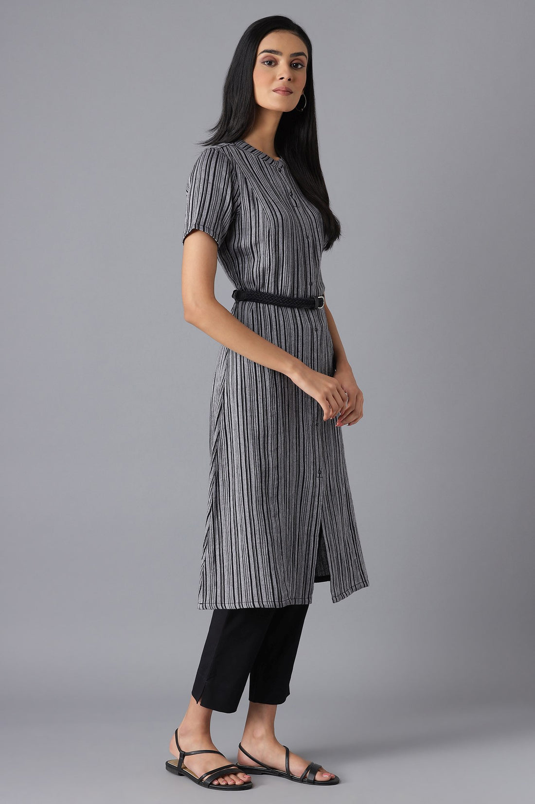 Grey and Black Striped Mandarin Collar A-line Kurta with Belt