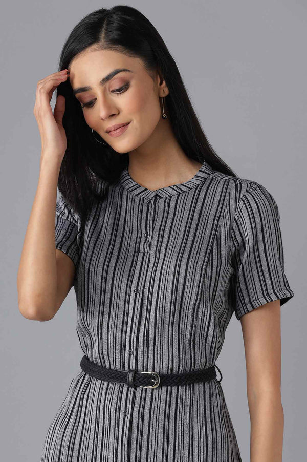 Grey and Black Striped Mandarin Collar A-line Kurta with Belt