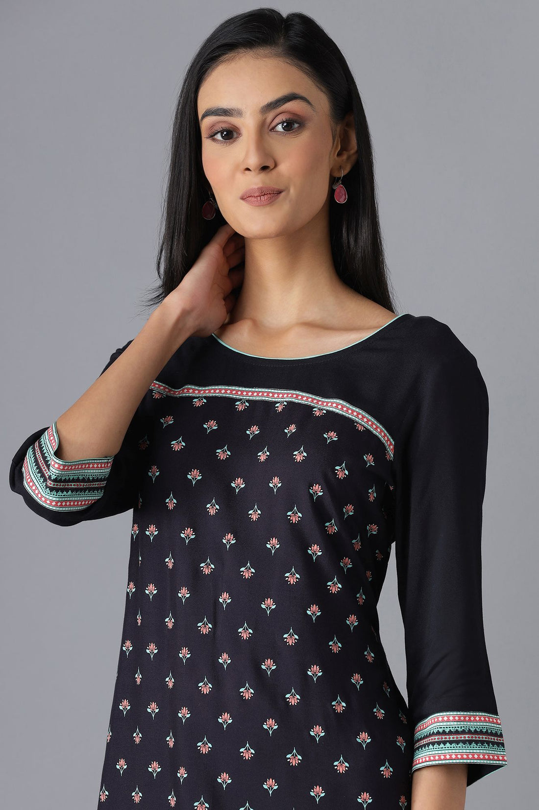 Black Floral Printed Straight Kurta and Palazzo Set